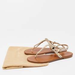 Pre Owned Sergio Rossi Beige Leather and Raffia Ankle Strap Flat Sandals Size 40