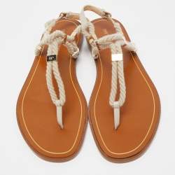 Pre Owned Sergio Rossi Beige Leather and Raffia Ankle Strap Flat Sandals Size 40