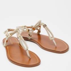 Pre Owned Sergio Rossi Beige Leather and Raffia Ankle Strap Flat Sandals Size 40