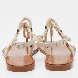 Pre Owned Sergio Rossi Beige Leather and Raffia Ankle Strap Flat Sandals Size 40