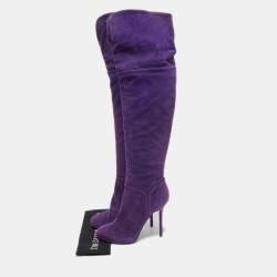 Pre Owned Sergio Rossi Purple Suede Zip Detail Knee Length Boots Size 40.5