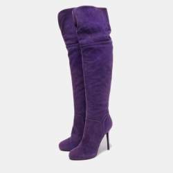 Pre Owned Sergio Rossi Purple Suede Zip Detail Knee Length Boots Size 40.5