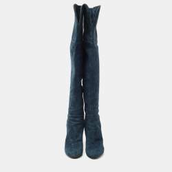 Pre Owned Sergio Rossi Blue Suede Knee Length Boots Size 40.5