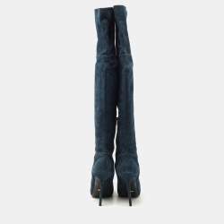 Pre Owned Sergio Rossi Blue Suede Knee Length Boots Size 40.5