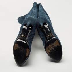Pre Owned Sergio Rossi Blue Suede Knee Length Boots Size 40.5