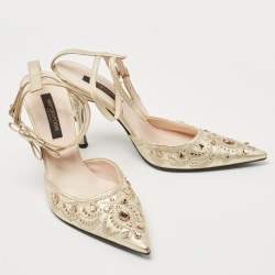 Pre Owned Sergio Rossi Metallic Gold Leather Ankle Strap Pointed Toe Sandals Size 37.5