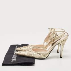 Pre Owned Sergio Rossi Metallic Gold Leather Ankle Strap Pointed Toe Sandals Size 37.5