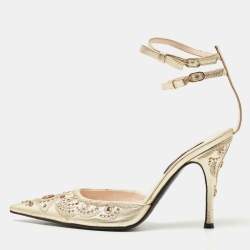 Pre Owned Sergio Rossi Metallic Gold Leather Ankle Strap Pointed Toe Sandals Size 37.5