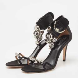 Sergio Rossi Black Satin Crystal Embellished Ankle Strap Sandals Size 38.5