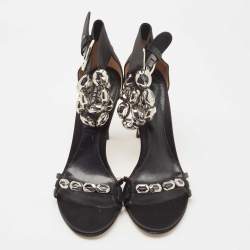 Sergio Rossi Black Satin Crystal Embellished Ankle Strap Sandals Size 38.5