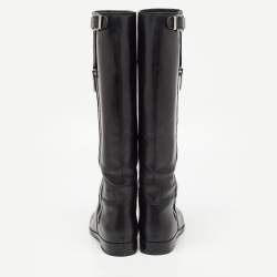 Pre Owned Sergio Rossi Black Leather Buckle Detail Knee Length Boots Size 38.5