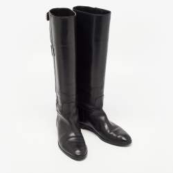 Pre Owned Sergio Rossi Black Leather Buckle Detail Knee Length Boots Size 38.5