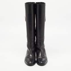 Pre Owned Sergio Rossi Black Leather Buckle Detail Knee Length Boots Size 38.5