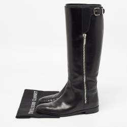 Pre Owned Sergio Rossi Black Leather Buckle Detail Knee Length Boots Size 38.5