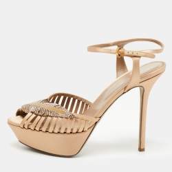 Pre Owned Sergio Rossi Light Brown Satin Crystal Embellished Ankle Strap Sandals Size 38.5