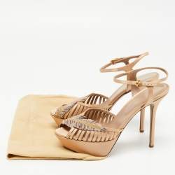 Pre Owned Sergio Rossi Light Brown Satin Crystal Embellished Ankle Strap Sandals Size 38.5