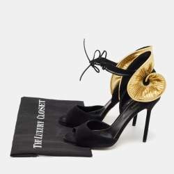 Pre Owned Sergio Rossi Black/Gold Leather And Suede Swirl Open Toe Sandal Size 39