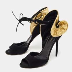 Pre Owned Sergio Rossi Black/Gold Leather And Suede Swirl Open Toe Sandal Size 39
