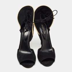 Pre Owned Sergio Rossi Black/Gold Leather And Suede Swirl Open Toe Sandal Size 39