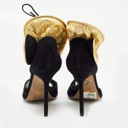 Pre Owned Sergio Rossi Black/Gold Leather And Suede Swirl Open Toe Sandal Size 39