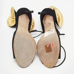 Pre Owned Sergio Rossi Black/Gold Leather And Suede Swirl Open Toe Sandal Size 39