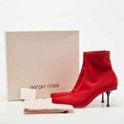 Pre Owned Sergio Rossi Red Knit Fabric Pointed Toe Ankle Booties Size 37.5