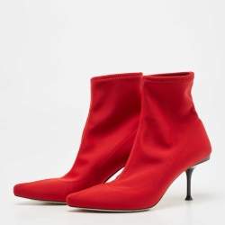 Pre Owned Sergio Rossi Red Knit Fabric Pointed Toe Ankle Booties Size 37.5