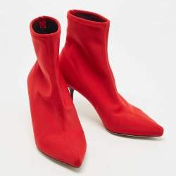 Pre Owned Sergio Rossi Red Knit Fabric Pointed Toe Ankle Booties Size 37.5