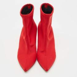 Pre Owned Sergio Rossi Red Knit Fabric Pointed Toe Ankle Booties Size 37.5