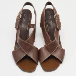 Sergio Rossi Brown Leather Slingback Wedge Sandals Size 38.5