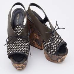 مملوكة مسبقًا صندل سيرجيو روسي جلد مجدول متعدد الألوان كعب روكي رباط علوي مقاس 37