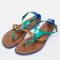 Pre Owned Sergio Rossi Tricolor Leather and Rubber T-Strap Flat Sandals Size 36