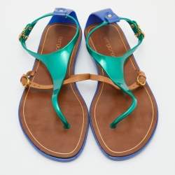 Pre Owned Sergio Rossi Tricolor Leather and Rubber T-Strap Flat Sandals Size 36