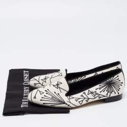 Pre Owned Sergio Rossi White/Black Canvas Embroidered Smoking Slippers Size 39.5