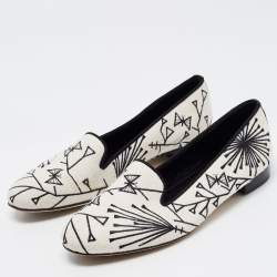 Pre Owned Sergio Rossi White/Black Canvas Embroidered Smoking Slippers Size 39.5