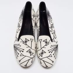 Pre Owned Sergio Rossi White/Black Canvas Embroidered Smoking Slippers Size 39.5