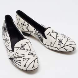 Pre Owned Sergio Rossi White/Black Canvas Embroidered Smoking Slippers Size 39.5