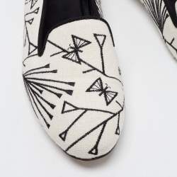 Pre Owned Sergio Rossi White/Black Canvas Embroidered Smoking Slippers Size 39.5
