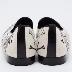 Pre Owned Sergio Rossi White/Black Canvas Embroidered Smoking Slippers Size 39.5