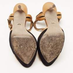 Pre Owned Sergio Rossi Gold/Black Suede and Leather Platform Ankle Strap Sandals Size 41