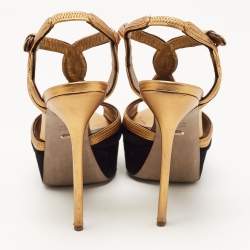 Pre Owned Sergio Rossi Gold/Black Suede and Leather Platform Ankle Strap Sandals Size 41