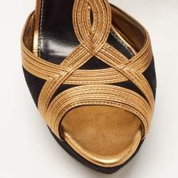 Pre Owned Sergio Rossi Gold/Black Suede and Leather Platform Ankle Strap Sandals Size 41