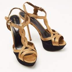 Pre Owned Sergio Rossi Gold/Black Suede and Leather Platform Ankle Strap Sandals Size 41