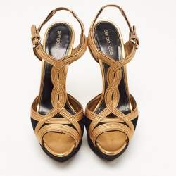 Pre Owned Sergio Rossi Gold/Black Suede and Leather Platform Ankle Strap Sandals Size 41