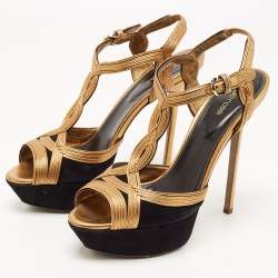 Pre Owned Sergio Rossi Gold/Black Suede and Leather Platform Ankle Strap Sandals Size 41