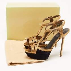 Pre Owned Sergio Rossi Gold/Black Suede and Leather Platform Ankle Strap Sandals Size 41