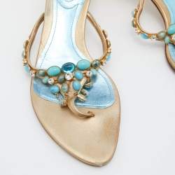 مملوكة مسبقًا Sergio Rossi Gold Leather Crystal Embellished Slide Sandals Size 38.5