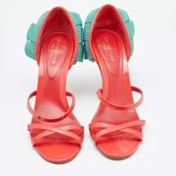 Pre Owned Sergio Rossi Coral/Green Patent Leather Strappy Sandals Size 39