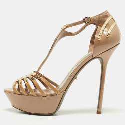 Sergio Rossi Beige Patent Leather Strappy Platform Sandals Size 40