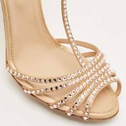 Pre Owned Sergio Rossi Gold Crystal Embellished Satin T-Bar Ankle Strap Sandals Size 36